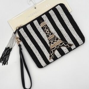 Sincerely Jules Beaded Eiffel Tower Paris Striped Wristlet Black White Gold NWT